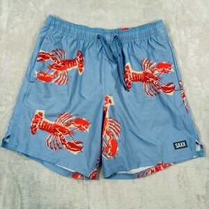 SAXX Oh Buoy 2N1 Swim Trunks Mens Medium Blue Red Lobster BallPark Pouch Liner